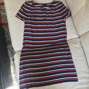 Navy, brick, and white striped J Crew silk dress
